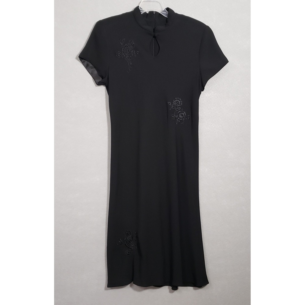 Scarlett 12 Midi Dress Black Embroidered Beaded Mandarin Collar Goth Asian VTG